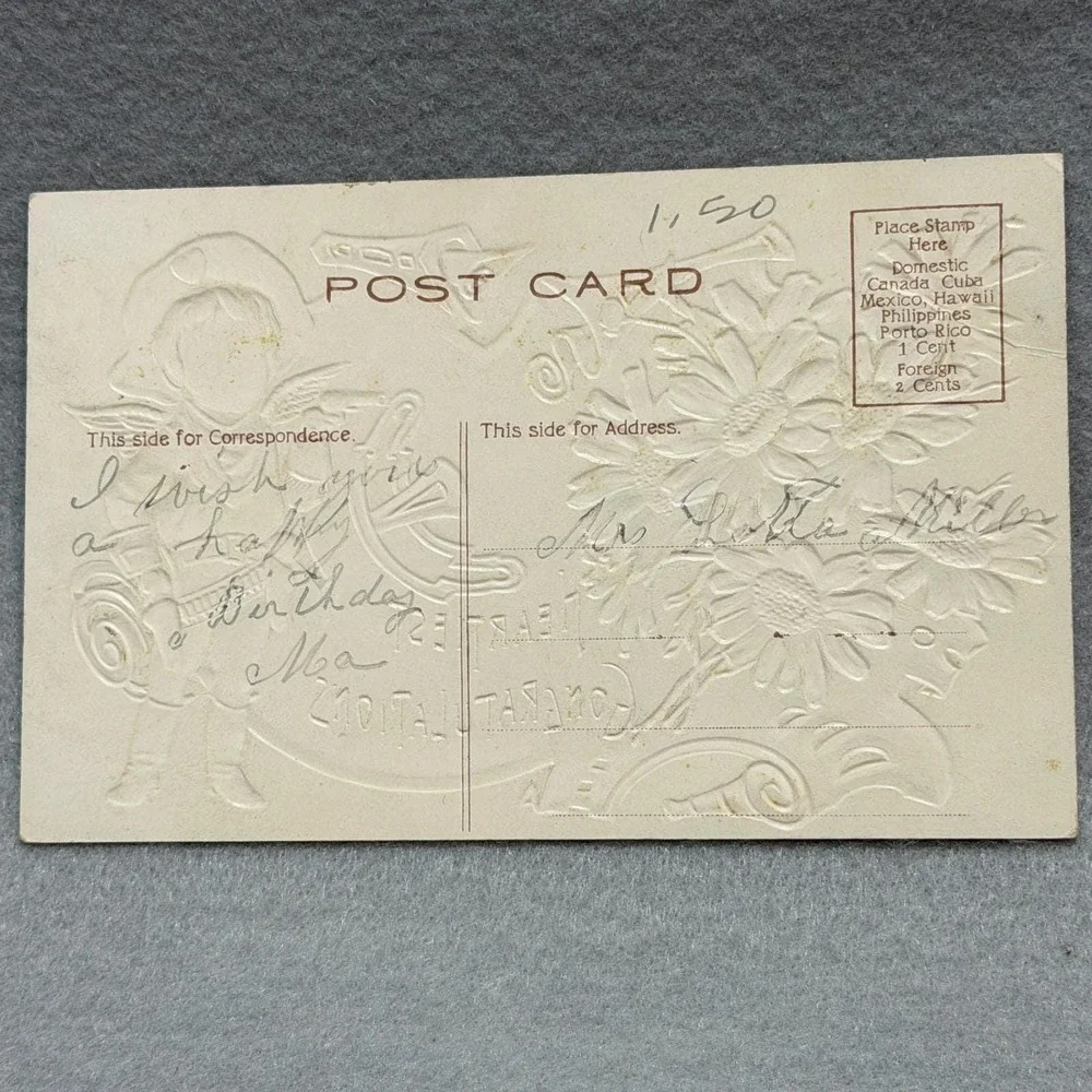Winged Cupid Cowboy Heartiest Congratulations Flowers Embossed 1900s POSTCARD‎